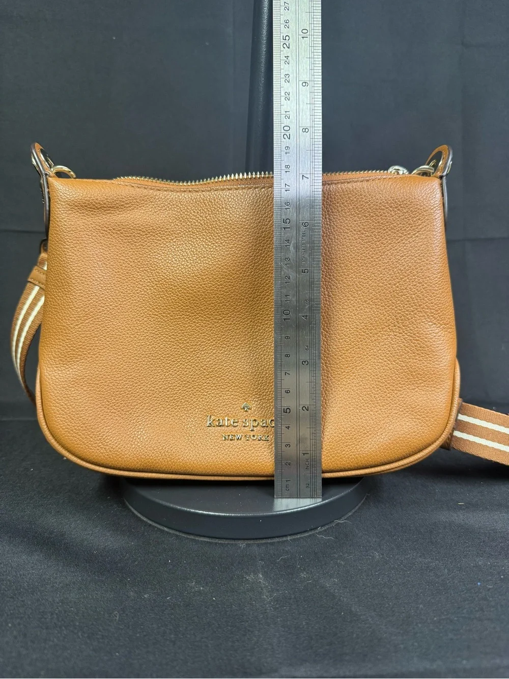Kate Spade New York Tan Leather Crossbody Bag with Striped Strap